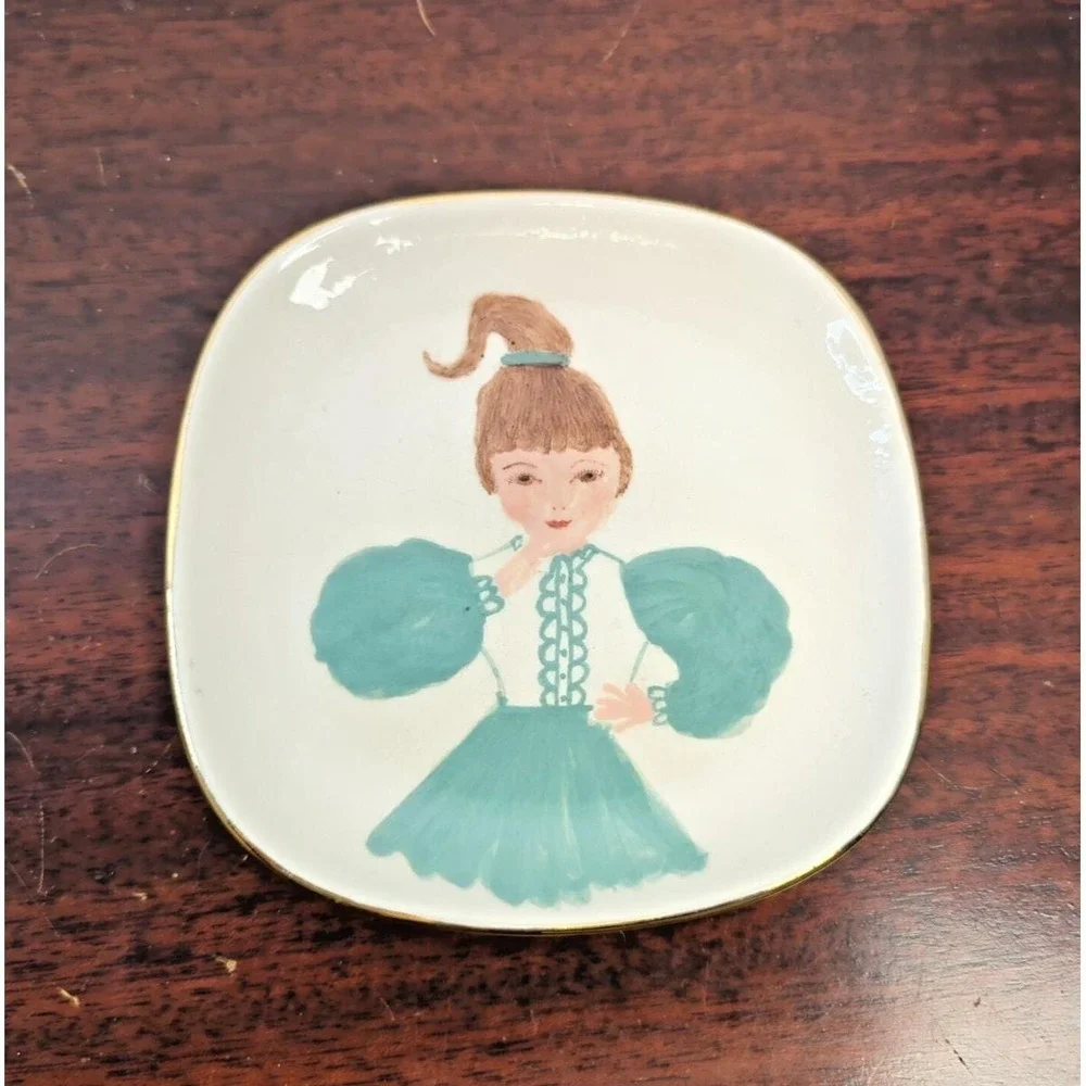 Vintage Little Girl Ceramic Trinket Dish Mid Century Nursery Plate Teal Gold